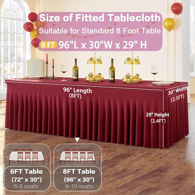 6 Pack Burgundy Spandex Tablecloth for 8 Foot Rectangle Tables, Wrinkle Free Fitted Table Cloth Cover 8FT Maroon Stretchy Tablecloths with Skirt for Parties Weddings Birthday Banquet Baby Shower