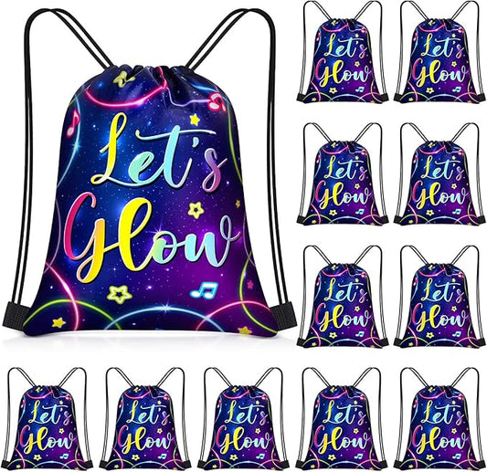 Censen 24 Pcs Let's Glow Drawstring Bags Set Bulk 12 x 10 Inch Low Party Favor Bags Neon Birthday Supplies for Adults Gift Party Supplies