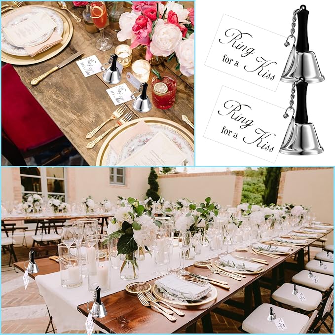 Lounsweer 24 Set Wedding Bells Bulk Ring for a Kiss Bells with Tags Mini Kissing Bells for Wedding Reception Decorations Goody Bags Party Supplies(Silver Color)