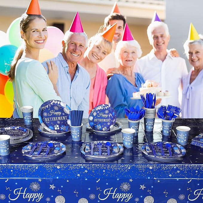 Funnymoom 452 Pcs Retirement Party Decorations Supplies Set Include Blue Silver Retirement Paper Plates Napkins Cups Tablecloth Cutlery Straws for Men Women Say Goodbye Party