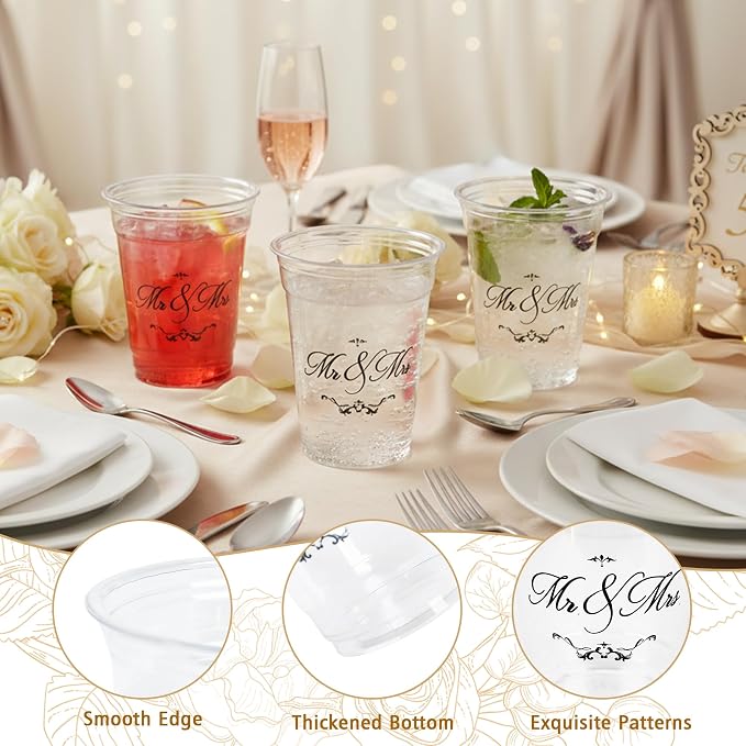 Edussy 50 Pack Disposable Wedding Plastic Cups Decor- 12 oz Mr and Mrs Cups for Wedding Stuff Decorations for Reception Bridal Shower Anniversary Party