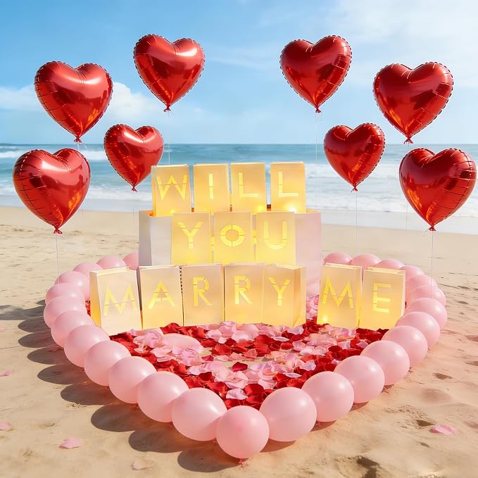 Will You Marry Me Light Up Letters Proposal Decorations with Luminary Paper Bags,Led Tea Candles,Rose Petals and Heart Balloons for Romantic Night,Valentines Day,Engagement Party,Proposals