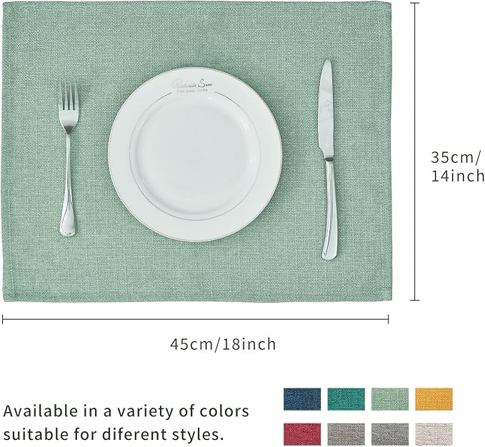 BALCONY & FALCON Placemats Set of 6 Faux Linen Cloth Place Mats Washable Waterproof Wrinkle Resistant Table Placemats for Dining Kitchen Farmhouse Indoor & Outdoor Use(Celadon Green, 13.8”x 17.7”