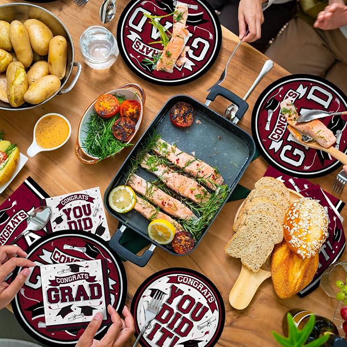 Gatherfun Graduation Party Supplies Dinnerware Set maroon Disposable dinner paper plates dessert paper plates and Napkins for Congrats Grad Party Decorations, Serve 50