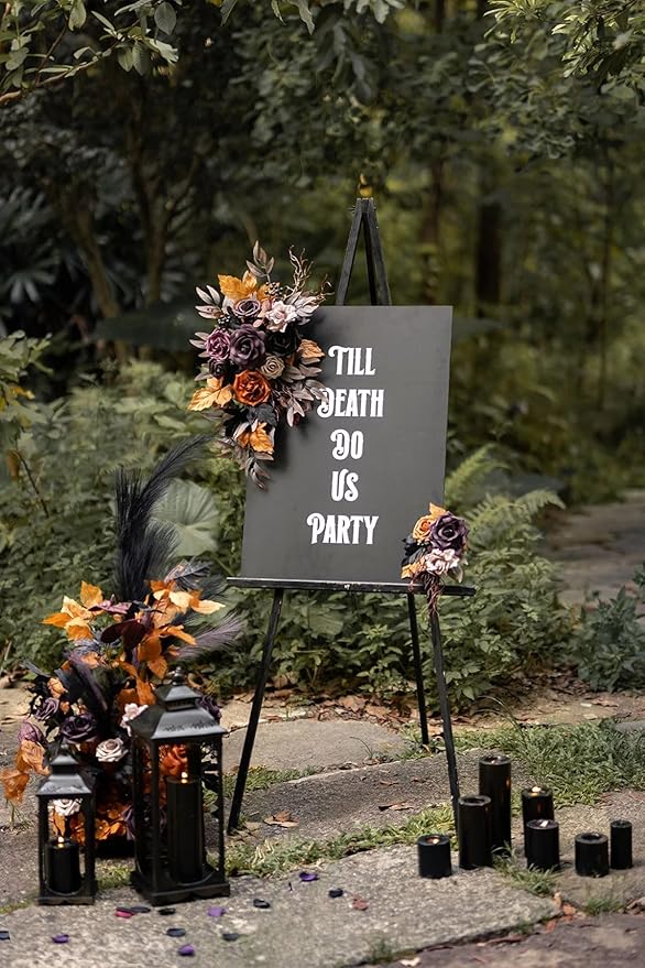 Ling's moment Fake Flowers Box, Faux Artificial Greenery Stems Foam Roses Gardenia Anthurium Silk Willow Eucalyptus Fabic Flower for Centerpieces Bouquet Vase, Black & Orange & Purple, Deluxe Combo