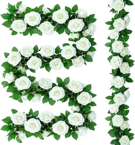 Suncalla 20 Pack 164ft Rose Garland Artificial Rose Flowers Vine with Green Leaves Hanging Fake Floral Garland Vine for Wedding Birthday Wall Garden Table Centerpiece Room Arch Decor(White Color)