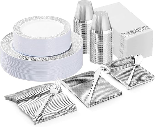 Bestluck 175PCS Silver Plastic Dinnerware Set for 25 Guests, Disposable Plates for Party, Wedding, Include 25 Dinner Plates, 25 Dessert Plates, 25 Set Silver Silverware, 25 Cups, 25 Napkins
