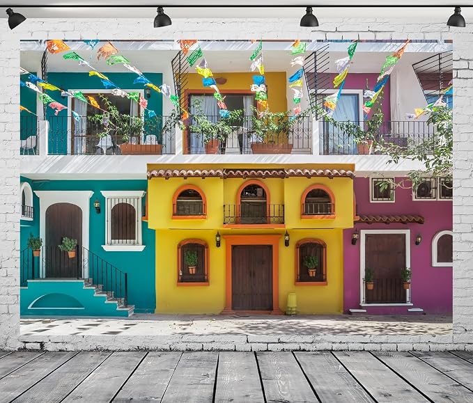 BELECO 12x8ft Fabric Mexican Old Streets Backdrop Traditional Colorful Houses Building Paper Flags Mexican Fiesta Background Mexican Theme Party Decorations Photo Booth Studio Props