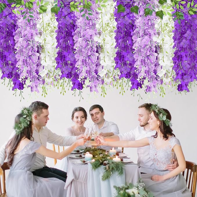 LELEE 25 Pcs Artificial Wisteria Hanging Flowers 3.6ft Purple&Lavender&White Fake Hanging Flowers Garland Silk Flowers Rattan String Faux Wisteria Vine for Wall Wedding Party Arch Greenery Backdrop