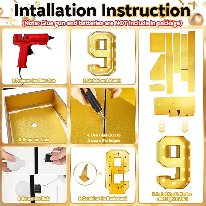 4FT Light Up Numbers 9, Glitter Gold Large Light Up Number 9 Frame Marquee Mosaic Numbers for 9th Birthday, Giant Number 4 Feet Tall DIY Frame Pre-Cut Foam Board Kit for Graduation Anniversary