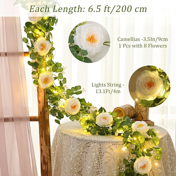 Dolicer 2Pcs 13Ft Artificial Eucalyptus Garlands with Flowers, Faux Floral Greenery Garlands with 13Ft String Lights Fake Flowers Vines for Wedding Centerpieces Arch Party Decor (White)