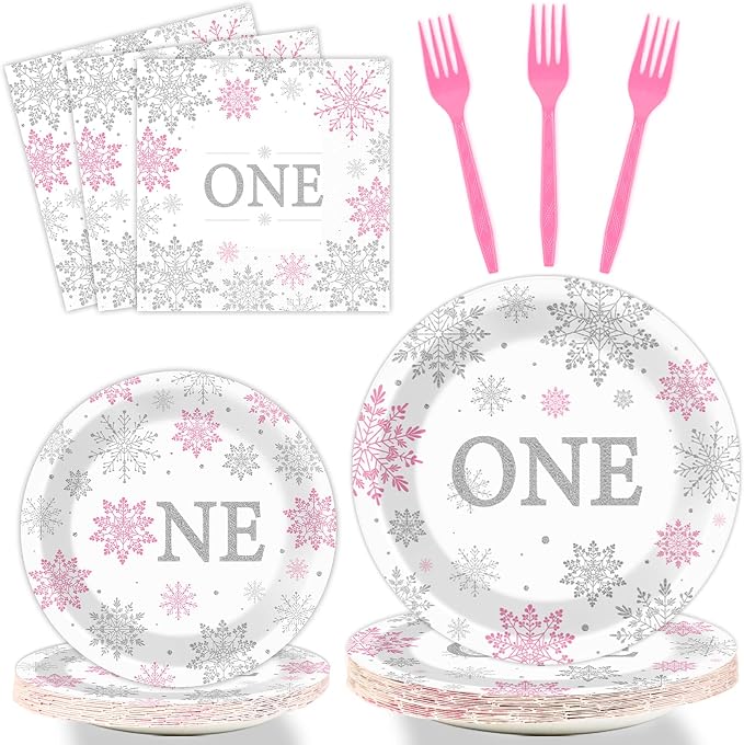 Winter Onederland 1st Birthday Themed Tableware - Snowflake One Plates, Napkins for Baby Girls First Birthday - Disposable Paper Party Decorations Supplies Favors for 24 Guests