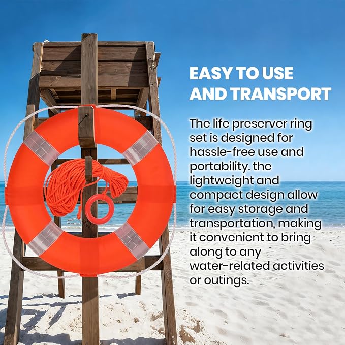 Calvana 20" Foam Life Preserver Ring with 98.4ft Floating Lifesaving Rope, Throwable Flotation Device, Pool Safety Float, for Buoy and Swimming Decoration, Boat Safety Equipment