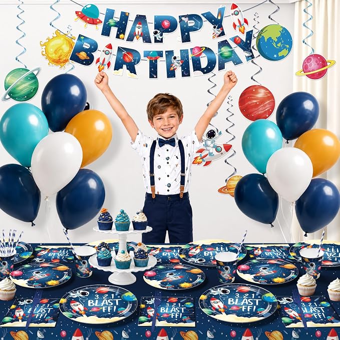 213pcs Space Themed Party Decorations, Serves 25 People, Complete Paper Set Includes No-DIY Banner 350gsm Plates Latex Balloons and Waterproof Tablecloths