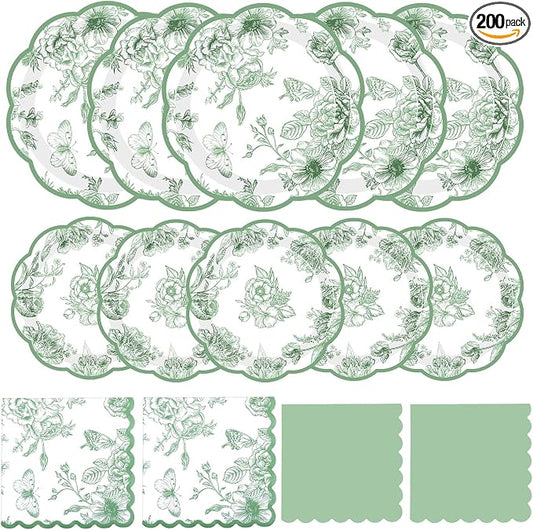 Funnymoom 200 Pcs Sage Green Floral Party Tableware Vintage Green White Floral Disposable Paper Dinner Dessert Plates Napkins for Birthday Wedding Garden Tea Party Bridal 50 Guests