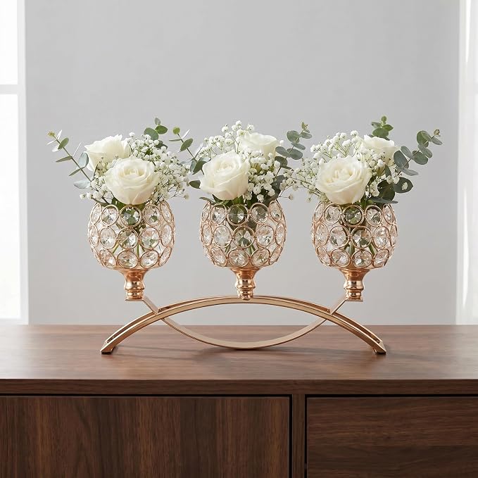 Gold Candle Holders for Table Centerpiece, 3 Arms Metal Candelabra Candlestick Holders for Home Decor, Wedding, Dinning, Party, Anniversary,Christmas Halloween Decorations