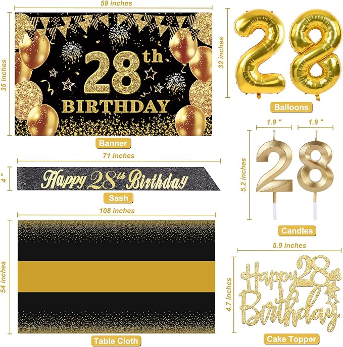 28th Birthday Decorations Men Women with 28th Birthday Banner, Black and Gold Table Cloth, Number Balloons, Large Sash, Cake Topper and Candles