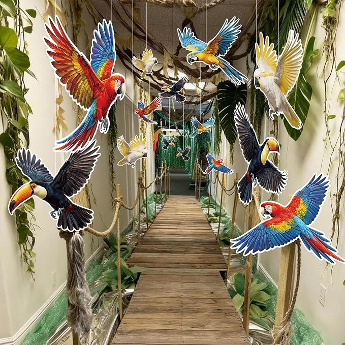 18 Pcs Large Tropical Bird Party Decorations 3D Realistic Paper Hanging Bird Decoration Paper Parrot Toucan Birthday Party Supplies for Wedding Jungle Baby Shower Room Ceiling Decor