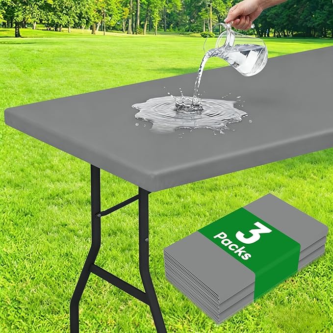 Smiry 3 Pack Rectangle Table Cloth, Elastic Fitted Flannel Backed Vinyl Tablecloths for 4ft Folding Tables, Waterproof Wipeable Table Covers for Indoor, Outdoor, Camping and Picnic (Grey, 24"x48")