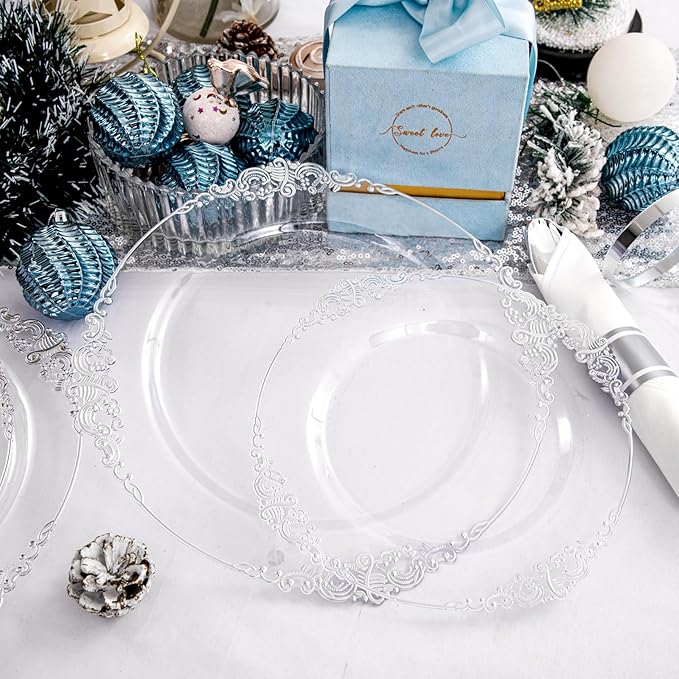 Morejoy 350PCS Clear Silver Plastic Plates - Silver Disposable Plates sets Include 50 Dinner Plates,50 Salad Plates,50 Forks,50 Knives, 50 Spoons，50 Cups, 50 Rolled Napkins for Wedding & Christmas