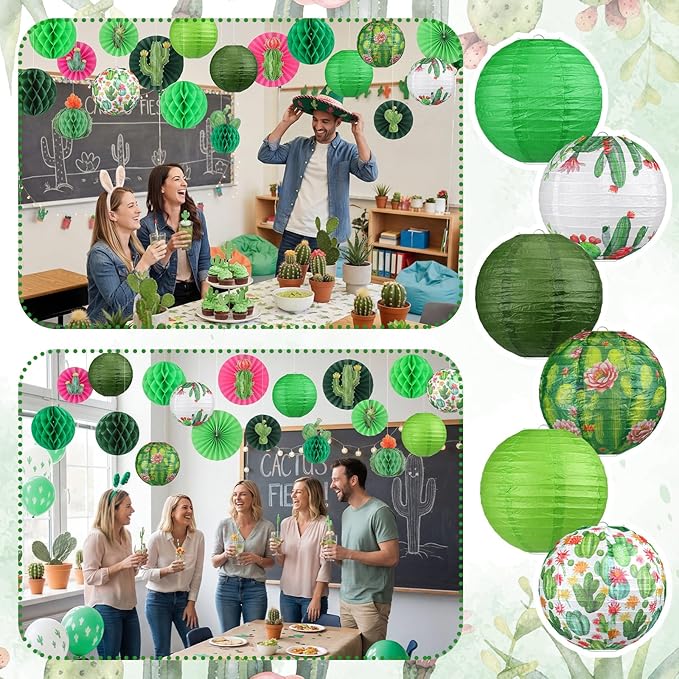 Retisee 18 Pcs Cactus Party Decorations Succulent Hanging Paper Lanterns Plant Honeycomb Fans Honeycomb Ball for Cactus Taco Bout a Theme Birthday Baby Shower Decorations
