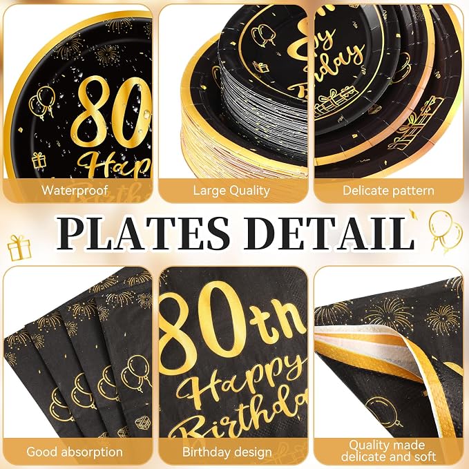 Funnymoom 452 Pcs 80th Birthday Party Decorations Set for Men Women, Black and Gold Happy 80th Birthday Paper Plates Napkins Cups Tablecloth Cutlery Straws Cheers to 80 Years Anniversary Party