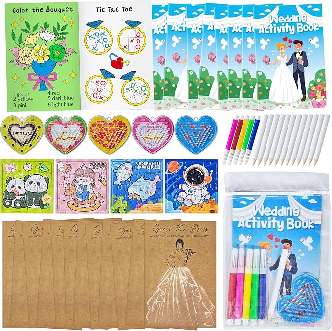 Cinrobiye Wedding Activity Book Set with Coloring Pages, Guess the Dress Cards and Table Games for Wedding Reception, Bridal Shower and Guest Table Activities