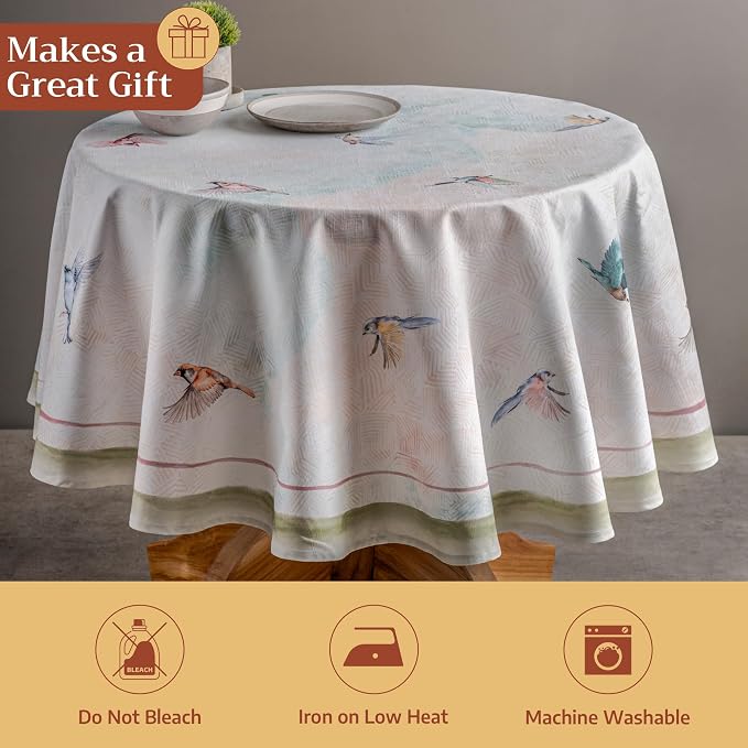 Maison d' Hermine Table Cloth Round Table 100% Cotton 69 Round Inches Tablecloth Reusable Decorative for Dining Kitchen Room Farmhouse Party Home Hotel Restaurant Spring Summer - Flying Birds