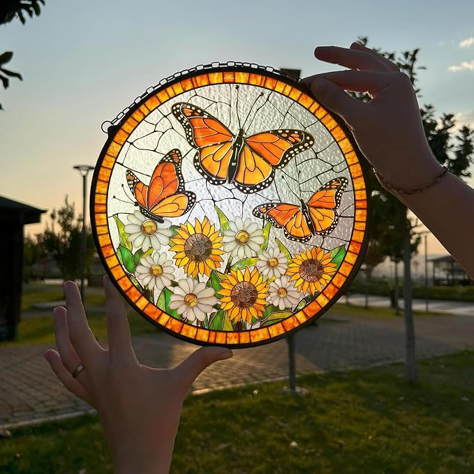 Daisy and Butterfly Stained Glass Suncatcher for Window – Monarch Butterfly Sunflower Daisy Round Sun Catcher 6x6 Inch – Gift for Butterfly Lovers Women Home Decor Hanging Decoration
