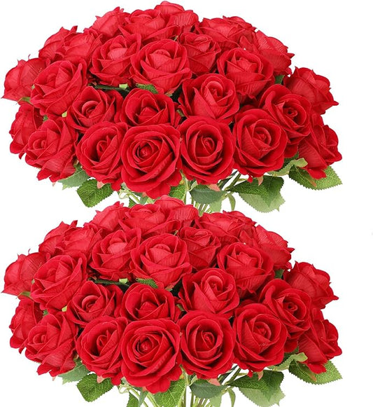 50 PCS Red Roses Artificial Flowers, Fake Red Rose Bouquet, Artificial Silk Red Roses with Stems for DIY Wedding Flowers Decoration, Valentines Day Mothers Day, Bridal Bouquet Roses