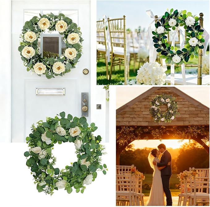4 Packs 24FT Artificial Eucalyptus Flower Garland with White Camellias, Faux Greenery Garland Wedding Decor Fake Flower Rose Hanging Vine for Home Yard Table Party Decor