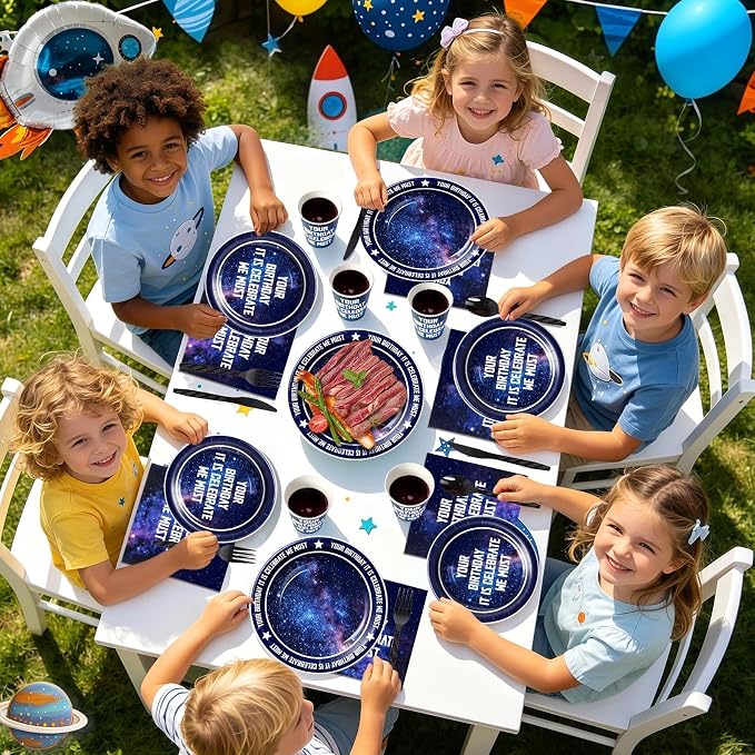 Space Theme Party Supplies 168PCS- Star Galaxy Birthday Decorations Set Includes 9” & 7” Dinnerware Paper Dessert Dinner Plates, Napkins, Cups & Cutlery, Serves 24