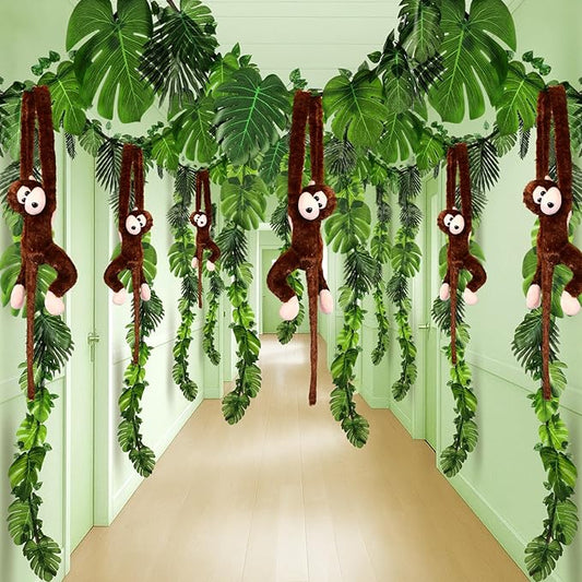 Suncalla 115 Pcs Jungle Theme Party Decorations 6 Hanging Monkey Stuffed 29 ft Pothos Vines 40ft Artificial Rattans 100 Palm Leaf Set for Tropical Rainforest Birthday Party Decoration (40ft)