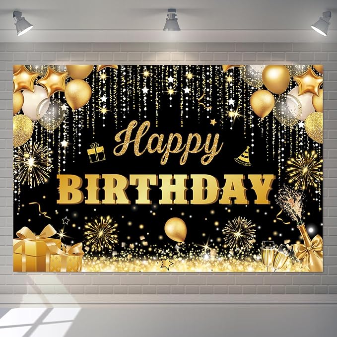 Happy Birthday Backdrop Banner for Men Black and Gold Glitter Birthday Party Decorations Background for Women Boys Girls Adults Polyester Fabric 10x8ft