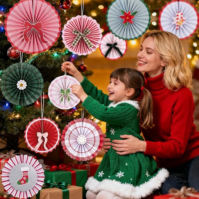 SUNBEAUTY Christmas Party Decorations Hanging Paper Fans Christmas Classroom Decorations Red Green White Paper Fans with Candy Bow for Xmas Holiday Ceilings Wall Decor Winter New Year Party Supplies
