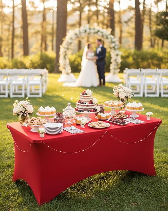 Fixwal Red Stretch Table Cloth Rectangle 4 Pack 6Ft, Spandex Fitted Table Covers Washable for Party, Trade Show, Banquet, Wedding, Buffet