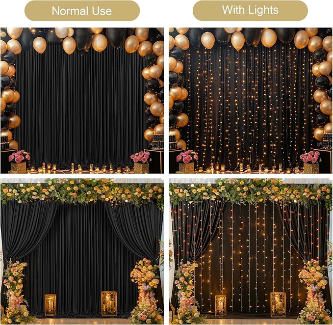 Black Backdrop Curtain with Lights String for Parties,10x10FT Wrinkle Free Black Drapes Wedding Photo Backdrop Curtains for Baby Shower Birthday Ceremony Reception Home Party Decorations