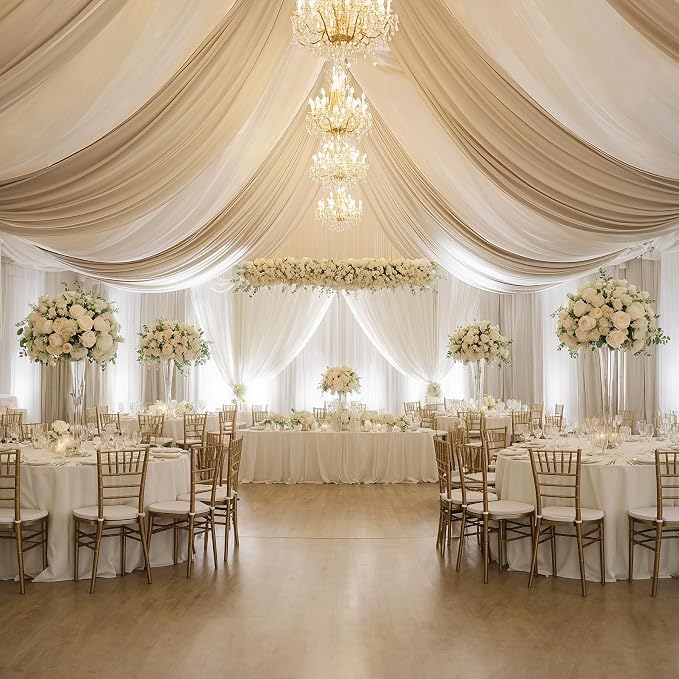 10ft x 20ft Beige Ceiling Drapes for Wedding Parties, Wrinkle Free Thick Polyester 2 Panels 20ft Extra Long Wedding Draping Beige Ceiling Curtains Arch Drapery for Birthday Party Canopy Tent Decor