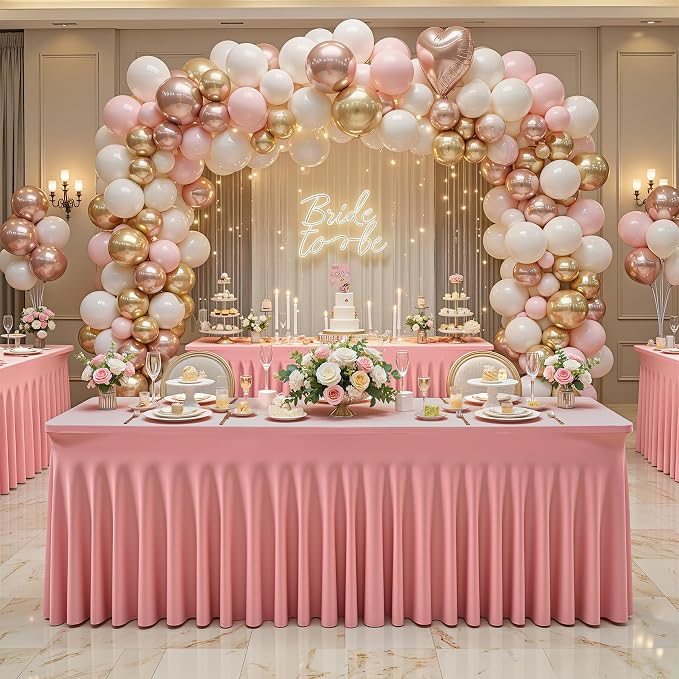 Wish Care 2 Pack Dusty Rose Spandex Table Clothes for 6 Foot Rectangle Tables, 6FT Wrinkle Free Fitted Tablecloths Ruffles Design Table Cloth for Party, Banquet, Wedding and Events