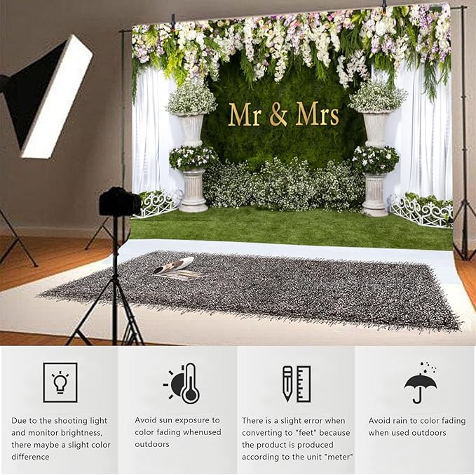 YongFoto Mr and Mrs Wedding Party Backdrop 8x6ft Floral Grass Wall White Sheer Curtain Flower Arch Photography Background Lover Marriage Proposal Bridal Shower Reception Photo Booth Props Banner