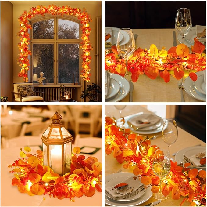 N&T NIETING Fall Eucalyptus Garland, 6FT Artificial Eucalyptus Garland with Lights, Fall Garlands Fall Decorations for Home Thanksgiving Table Fireplace Mantle Party Outdoor(4 Pack)