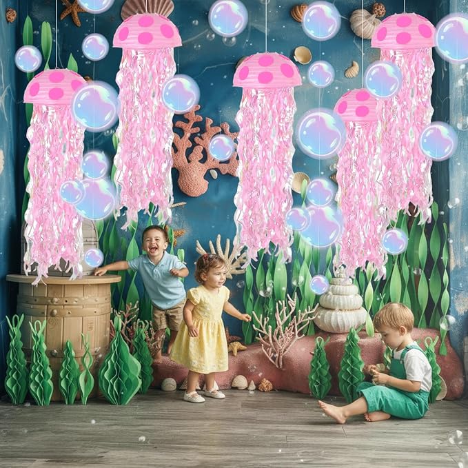 18 Pcs Under The Sea Party Decorations-6 Pcs 10'' Hanging Jellyfish Paper Lanterns -Crepe Paper Bubble Garlands for Mermaid Birthday Decorations Shower Ocean Theme Classroom & Beach Room Decor Pink