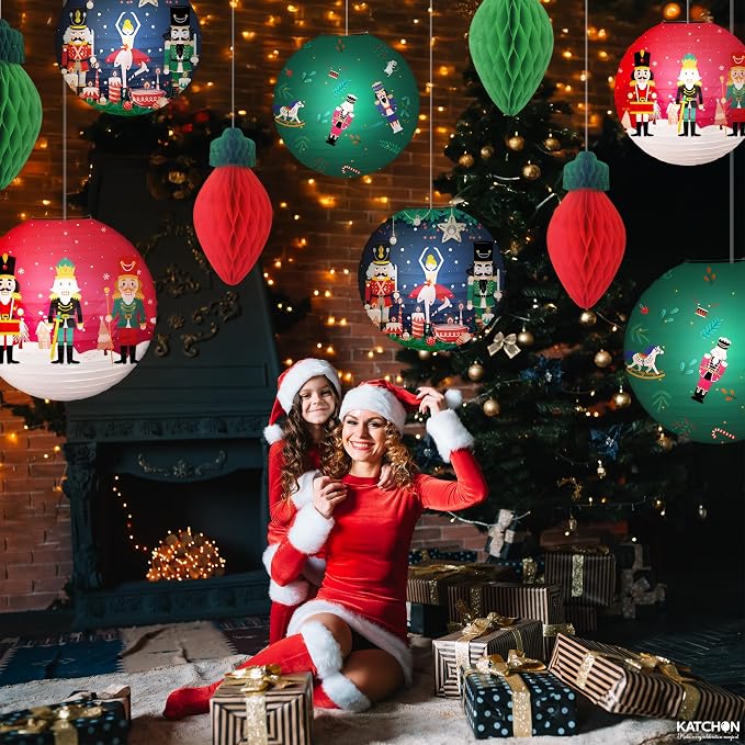 KatchOn, Hanging Christmas Decorations Indoor – 10 PCS | Festive Christmas Paper Lanterns & Honeycomb Ornaments | Nutcracker christmas Decor | Holiday Hanging Decor | Nut Cracker Ornaments