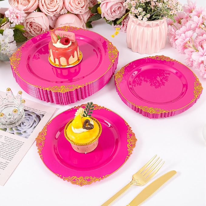 125PCS Hot Pink Plastic Plates - Pink Disposable Plate - Elegant Party Plates with Gold Plastic Silverware Sets for 25 Guests for Wedding & Birthday Party & Baby Shower