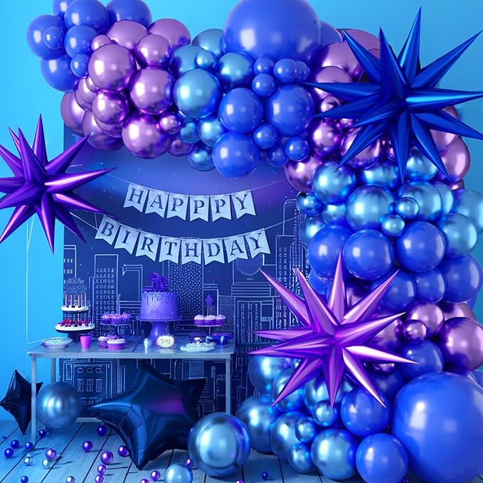 Purple Blue Balloon Arch Kit, Metallic Purple and Blue Balloons Garland Kit with Star Balloons Party Birthday Balloons for Boys Video Game Birthday Baby Shower Engagement Party Supplies