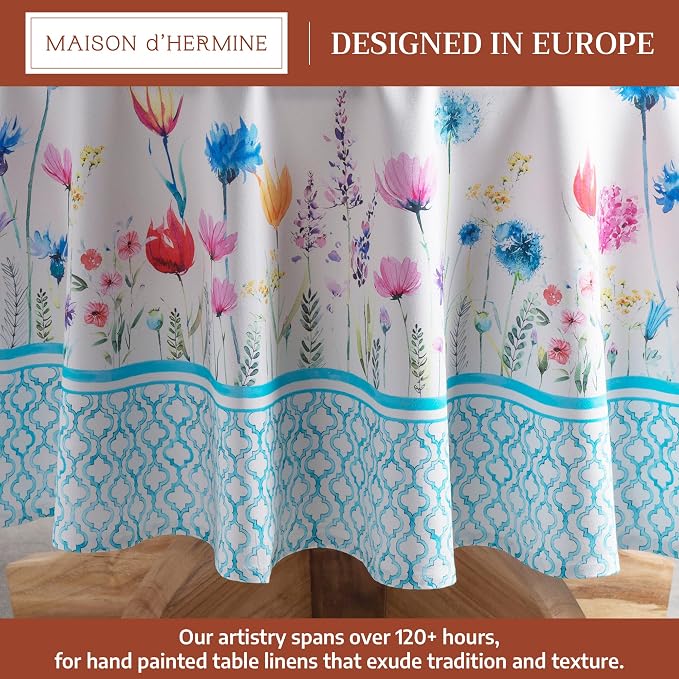 Maison d' Hermine Table Cloth Round Table 100% Cotton 69 Round Inches Tablecloth Reusable Decorative for Dining Kitchen Room Farmhouse Party Home Hotel Restaurant Spring Summer - Flower in The Field