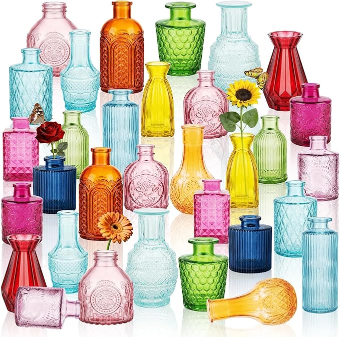 32 PCS Assorted Vintage Bud Vases, Colorful Glass Small Vases Bulk, for Centerpieces, Wedding Table Decor, Home Decorations & Gifts (Colorful rieires)