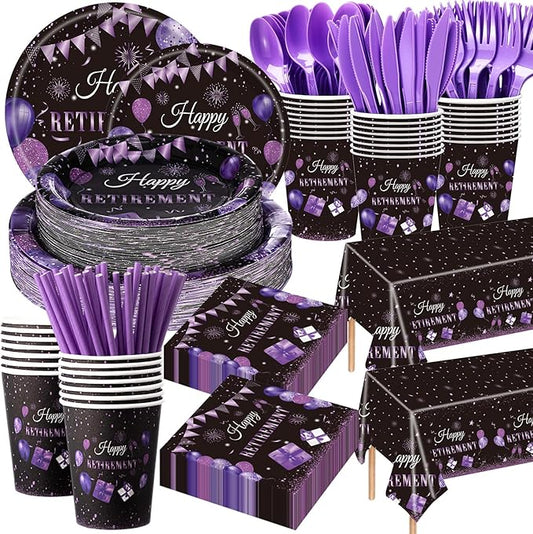 Funnymoom 452 Pcs Retirement Party Decorations Supplies Set Include Purple and Black Retirement Paper Plates Napkins Cups Tablecloth Cutlery Straws for Men Women Say Goodbye Party