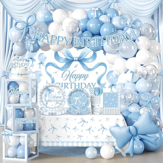 cocomigo 288 PCS Blue Bow Birthday Decorations, Hassle-Free One-Stop Set for 25 Guests, With Balloon, Backdrop, Fringe Curtains, Plates and Napkins, Easy Setup for Bow Themed Party