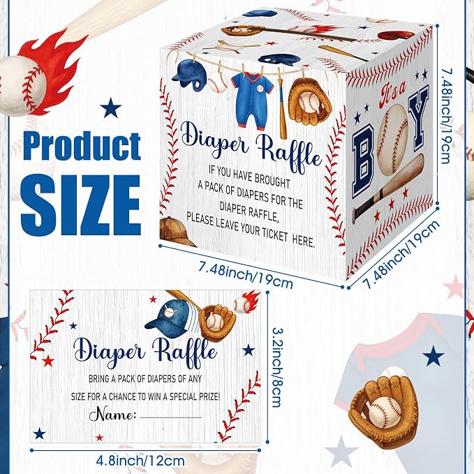 Teling 51 Pieces Diaper Raffle Tickets with Card Box Baby Shower Decorations Gender Reveal Holder Box for Girl Boy Diaper Raffle Party (Baseball, A Little Slugger is on the Way)
